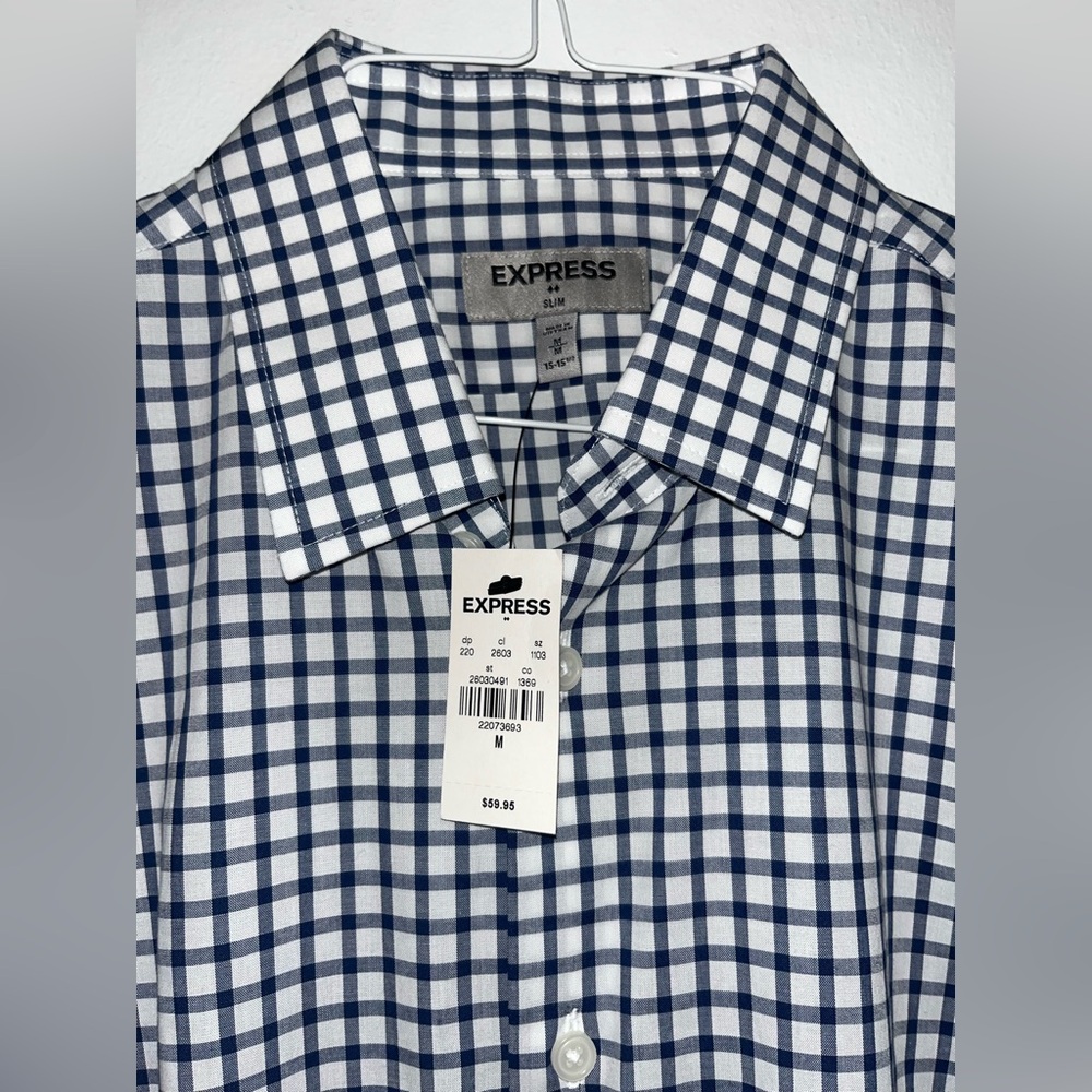 Express Men's Navy and White Plaid Shirt